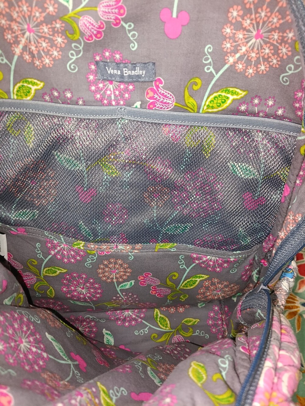 Vera Bradley Quilted Gray Disney Mickey & Friends Backpack Pink/ Green Floral - Picture 8 of 11